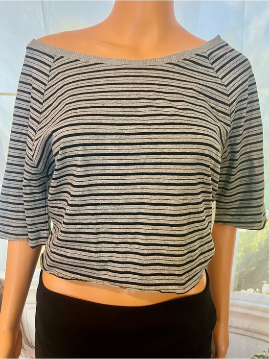 Free People Tops - Free People Gray and Black Striped Off-Shoulder Crop Top